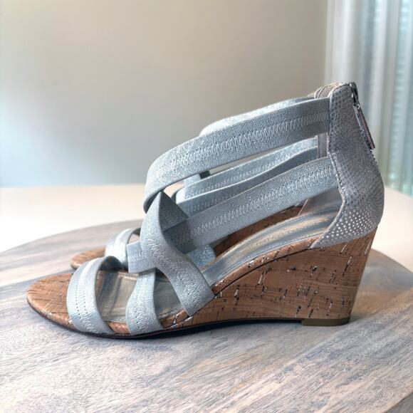 Donald J Pliner Jemi Silver Crisscross Wedge Sandals 8.5 M 8.5 Cork Heel Straps - Picture 2 of 10